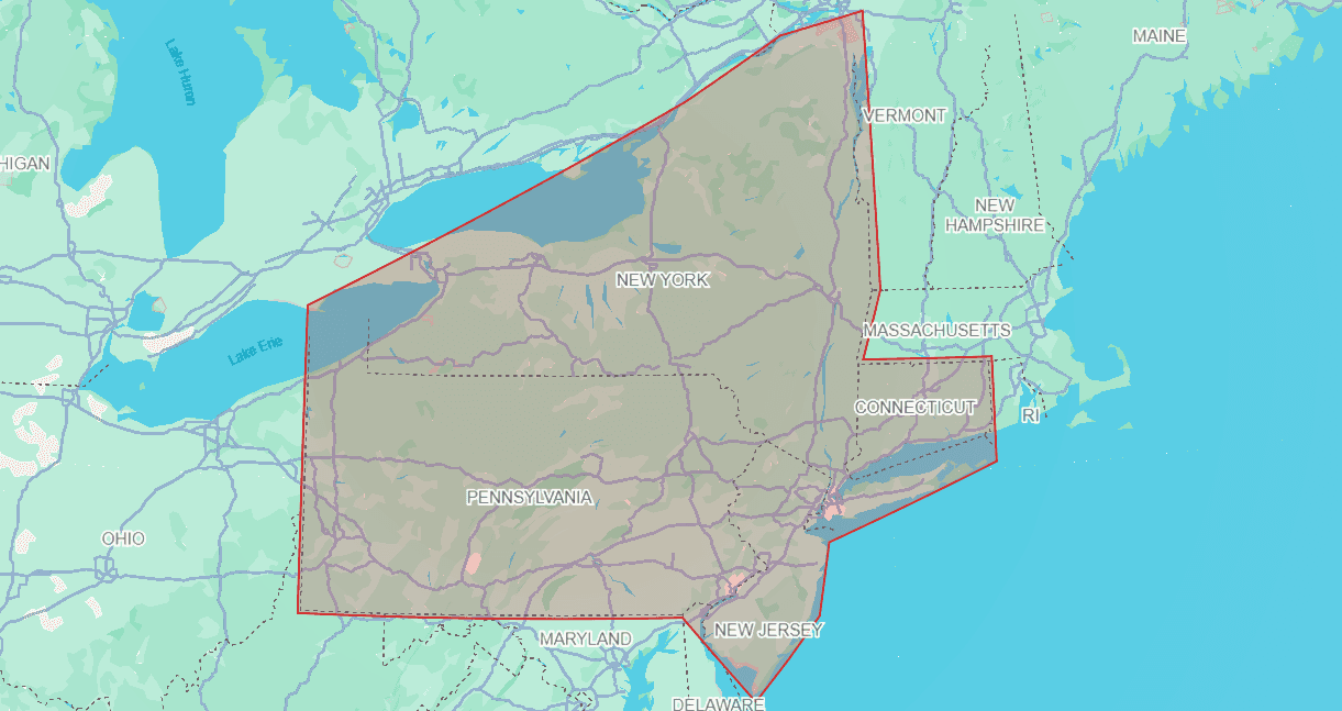 Map highlighting New York, New Jersey, Connecticut, and Pennsylvania
