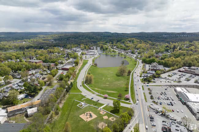 Aerial view of the Village of Monroe, NY and its lake