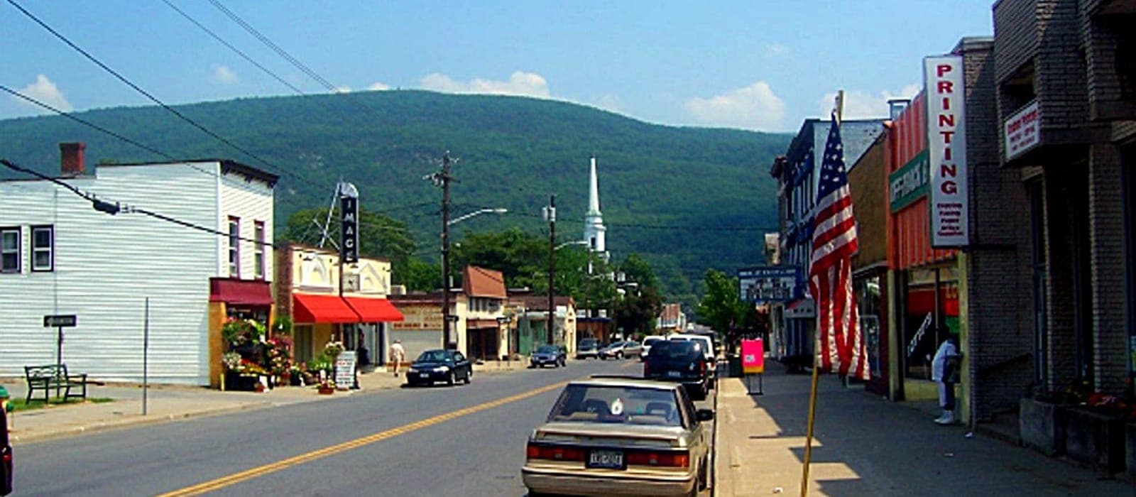 Downtown Ellenville, NY with the Shawangunk Ridge behind it